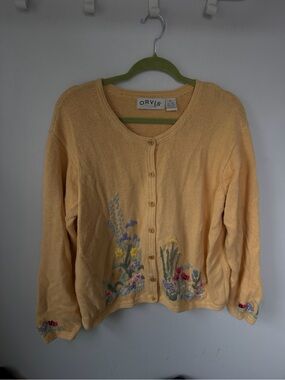 Orvis Yellow Embroidered Floral Button-Front Cardigan